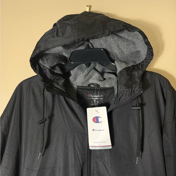 Champion Hooded Windbreaker Jacket Fleece Lined Black Mens XL Full Zip - Picture 2 of 11